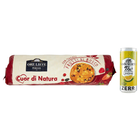 San Benedetto 12er - Pack Ore Liete Cuor di Natura Biscotti con Cereali, Kekse mit Getreide und Beeren, ohne Zuckerzusatz, 250g + 1er - Pack Kostenlos San Benedetto Eistee mit Zitrone Ohne Zucker Dose 330ml Original italienisch