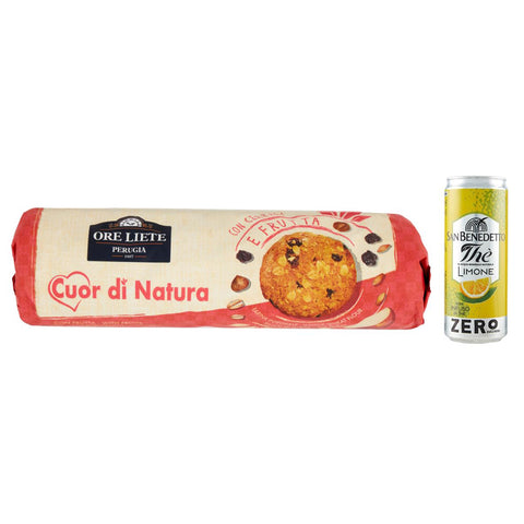 San Benedetto Ore Liete Cuor di Natura Biscotti Frutta,Kekse mit Getreide und Obst,mit Vollkornmehl und ohne Zuckerzusatz,250g 12er-Pack Original italienisch inkl. 1er-Pack Kostenlos San Benedetto Eistee mit Zitrone Ohne Zucker 330ml Dose