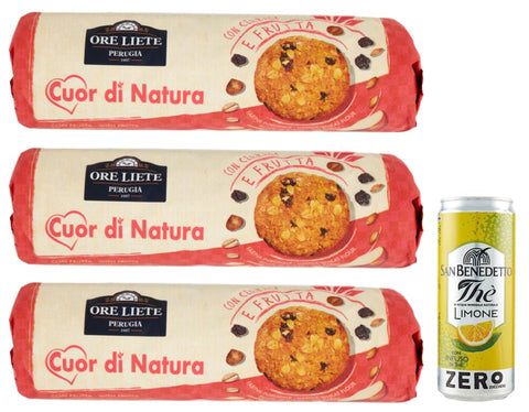 San Benedetto 3er-Pack Ore Liete Cuor di Natura Biscotti Frutta, Kekse mit Getreide und Obst, mit Vollkornmehl und ohne Zuckerzusatz, 250 g + 1er-Pack Kostenlos