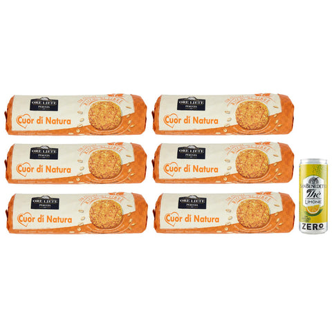 San Benedetto 6er - Pack Ore Liete Cuor di Natura Biscotti con Cereali, Kekse mit Getreide, mit Vollkornmehl und ohne Zuckerzusatz, 250g + 1er - Pack Kostenlos San Benedetto Eistee mit Zitrone Ohne Zucker Dose 330ml Original italienisch