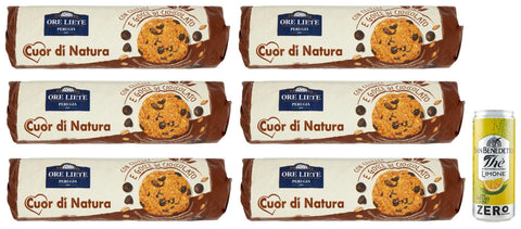 San Benedetto Ore Liete Cuor di Natura Biscotti,Kekse mit Getreide und Schokoladentropfen,mit Vollkornmehl und ohne Zuckerzusatz,250g 6er-Pack Original italienisch inkl. 1er-Pack San Benedetto Eistee mit Zitrone Ohne Zucker 330ml Dose