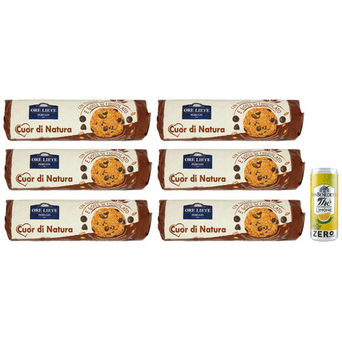 San Benedetto Ore Liete Cuor di Natura Biscotti,Kekse mit Getreide und Schokoladentropfen,mit Vollkornmehl und ohne Zuckerzusatz,250g 6er-Pack Original italienisch inkl. 1er-Pack San Benedetto Eistee mit Zitrone Ohne Zucker 330ml Dose