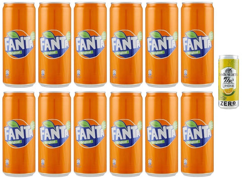 San Benedetto Limonade 12er-Pack Fanta Original,Erfrischendes Alkoholfreies Getränk mit Orangensaft,Einweg-Dose 250ml + 1er-Pack Kostenlos San Benedetto Eistee mit Zitrone Ohne Zucker 330ml Dose 8001620019573