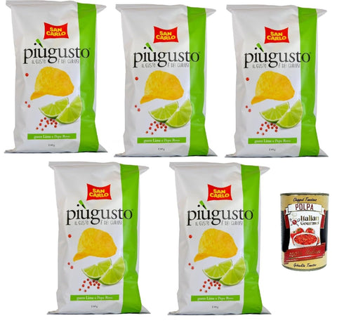 San Carlo Più Gusto Lime e Pepe Rosa Patatine Limette und Rosa Pfeffer Kartoffelchips Chips Beutel 5x150 g italienisch Original + gratis polpa 400 g