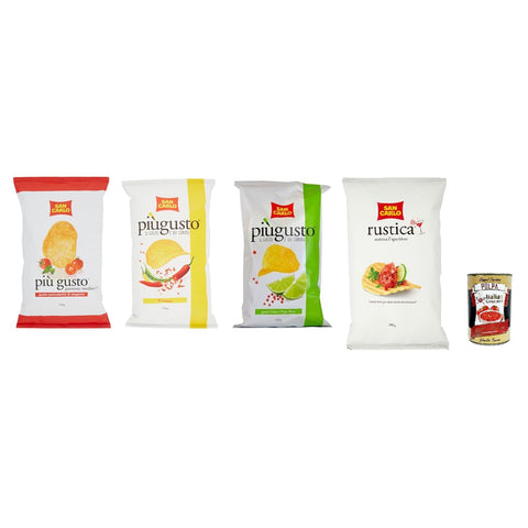 Testpaket San Carlo Più Gusto Patatine, Paprika + Limette und rosa Pfeffer + Kirschtomaten - Kartoffelchips Chips, 3x150 g + Rustica 1x300 g Beutel italienisch