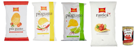 Testpaket San Carlo Più Gusto Patatine, Paprika + Limette und rosa Pfeffer + Kirschtomaten - Kartoffelchips Chips, 3x150 g + Rustica 1x300 g Beutel italienisch