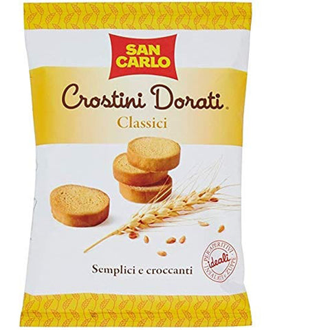 SAN CARLO Crostini Dorati Salzgebäck salziger Snack knuspriger Crouton Winzige Scheiben geröstetes und gebratenes Brot 14x 75g italienisch Original