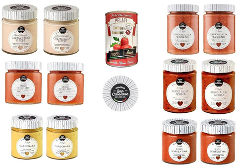 San Cassiano Testpaket Cascina San Cassiano –2x Carbonara140 g 2x Norma-Sauce290 g 2x Sorrentina-Sauce190 g 2x Cacio e Pepe150 g 2x Dolomiti-Sauce190 g 2x