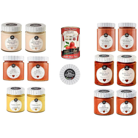 San Cassiano Testpaket Cascina San Cassiano –2x Carbonara140 g 2x Norma-Sauce290 g 2x Sorrentina-Sauce190 g 2x Cacio e Pepe150 g 2x Dolomiti-Sauce190 g 2x