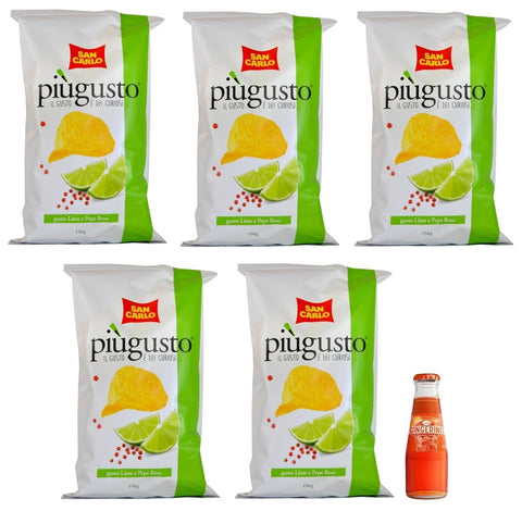 San Pellegrino 5er-Pack San Carlo Più Gusto Lime e Pepe Rosa Patatine, Limette und Rosa Pfeffer, Kartoffelchips Chips, 150 g Beutel + 1x Kostenlos Gingerino