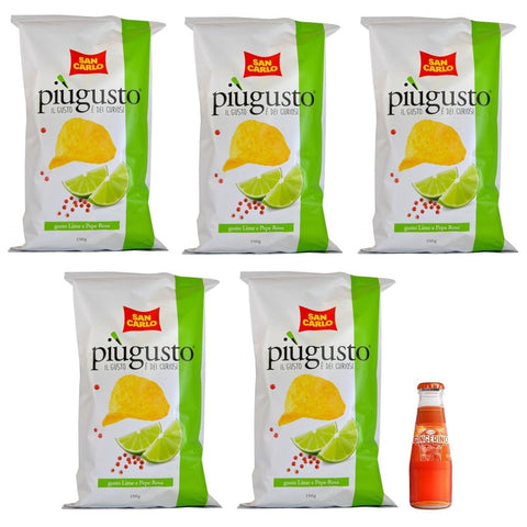 San Pellegrino 5er-Pack San Carlo Più Gusto Lime e Pepe Rosa Patatine, Limette und Rosa Pfeffer, Kartoffelchips Chips, 150 g Beutel + 1x Kostenlos Gingerino