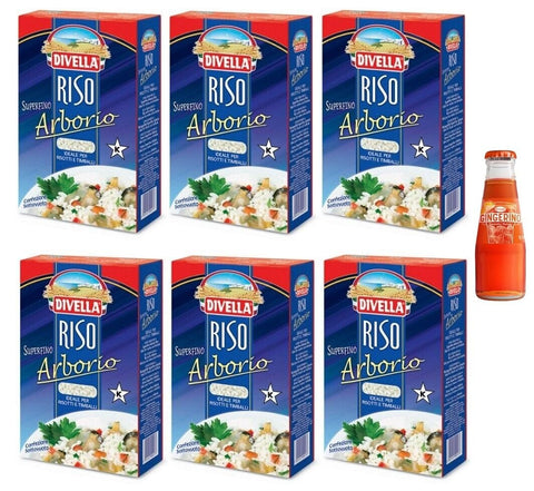 Sanpellegrino 6 Divella Reis Arborio, superfeiner Reis in Bohnen, ideal für Risotto und Timballallen, Vakuumverpackung 1 kg Original italienisch inkl. 1 x Recoaro Aperitivo Italiano Ingwer 10 cl gratis