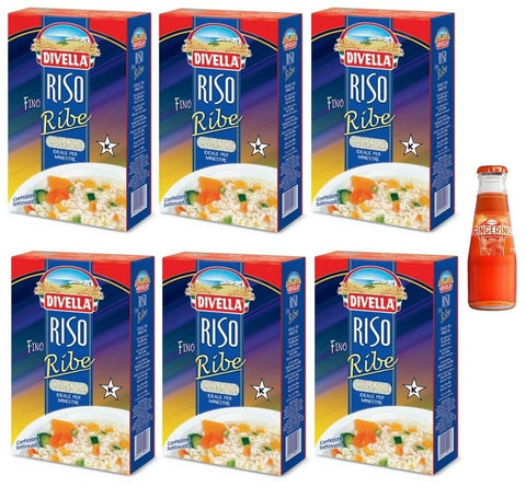 Sanpellegrino Reis 6 x Divella Reis Ribe, Reis bis in Bohnen, ideal für Suppen und Suppen, Vakuumverpackung 1 kg + 1 x Recoaro Aperitivo Italiano Ingwer 10 cl gratis 8008720003136