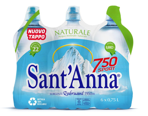 Sant'Anna Stilles Wasser Acqua Sant'Anna 750 Urban Sport, 0,75 Liter Naturwasserflasche mit Thumb Up Deckel, natürliches Mineralwasser in Kunststoffflaschen, 100% recycelbar, 6 Flaschen à 0,75 l 8020141285007
