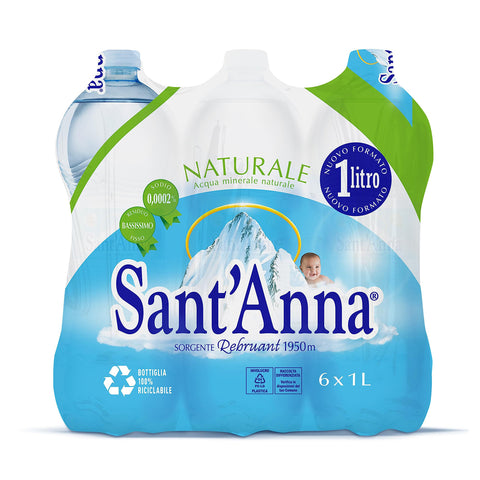 Sant'anna Wasser, natürlich, 1,, natürliches Mineralwasser Oligomineral, minimal mineralisiert, 100 % recycelbarer Kunststoff, 6 Flaschen 0 l Original italienisch