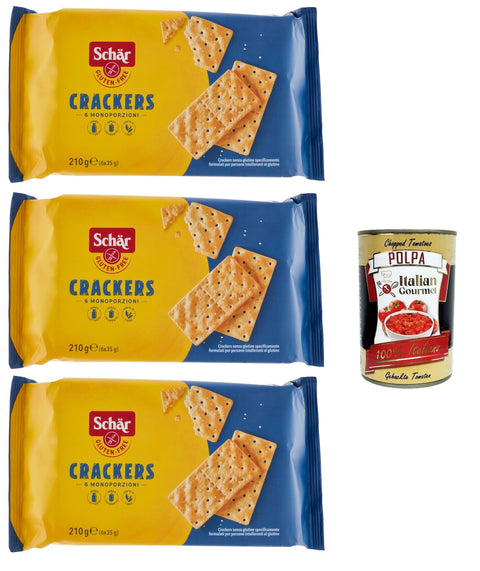 Schar Chips Schär Crackers senza Glutine, Glutenfreie Cracker. Speziell für Menschen mit Glutenunverträglichkeit entwickelt, 3x 210g + Italian Gourmet polpa 400g 8008698003503