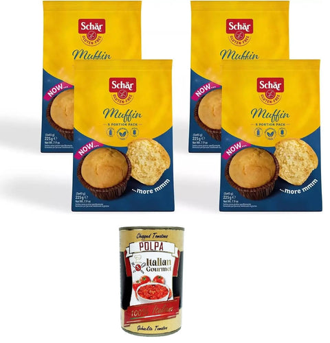 Schar Cupcakes Schar Muffin senza glutine, senza olio di palma e senza conservanti Glutenfreie Muffins, ohne Palmöl und ohne Konservierungsstoffe 4x225gr + Italian Gourmet polpa 400g 8008698041222