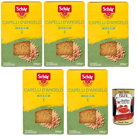 Schar Nudeln & Pasta SCHÄR Senza Glutine Capelli d'angelo, Glutenfrei Pasta mit 20% Hirse, gluten free pasta, 5x 250g + Italian Gourmet polpa 400g 8008698004067