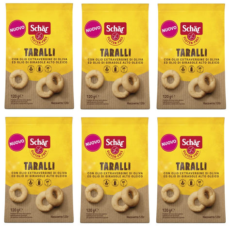Schar Salzgebäck 6x Schär Gluten Free Taralli mit Nativem Olivenöl Extra und Sonnenblumenöl Salziger Snack Glutenfrei 120g Beutel Perfekter Aperitif-Snack 8008698036358