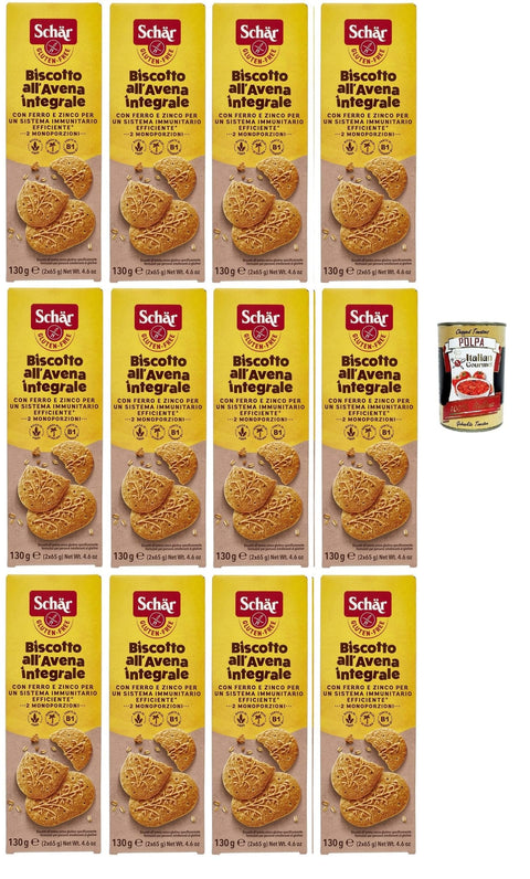 Schar Snack Kuchen & Backwaren Schär, Biscotto all'Avena Ricco di Fibre integrale, Haferkekse reich an Vollkornfasern, , Quelle für Vitamin B1 und Eisen, glutenfrei und palmölfrei, 12x 130g + Italian Gourmet polpa 400g 8008698016756