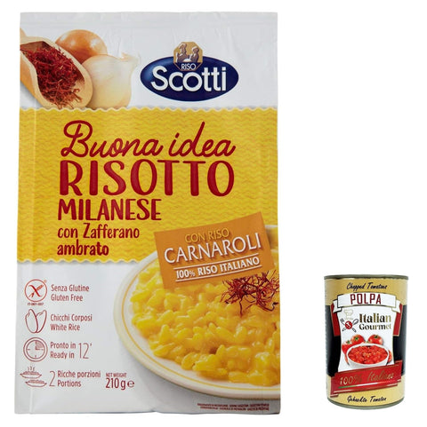 Scotti Fertiggerichte 12x Riso Scotti Risotto alla Milanese - Carnaroli -Reis mit Amber Safran, Gluten -frei - 210 g + Italian Gourmet polpa 400g 8001860257810