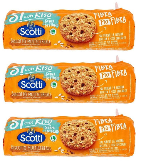 Scotti Riso Scotti Si con Riso Biscotto Multicereale Mehrkorn Kekse mit Schokoladenstückchen Laktosefrei Milcheiweißfrei Packung mit ca. 20 Keksen 250 g 3x