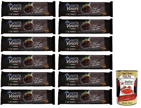 Scotti Nudeln & Pasta 12x Riso Scotti Pasta Venere Spaghetti,Pasta aus Hartweizengrieß und Schwarzem Venere-Vollkornreismehl,Packung mit 400g + Italian Gourmet Polpa di Pomodoro 400g Dose 8001860185144