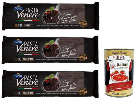 Scotti Nudeln & Pasta 3x Riso Scotti Pasta Venere Spaghetti,Pasta aus Hartweizengrieß und Schwarzem Venere-Vollkornreismehl,Packung mit 400g + Italian Gourmet Polpa di Pomodoro 400g Dose 8001860185144