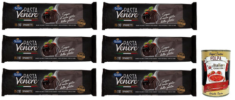 Scotti Nudeln & Pasta 6x Riso Scotti Pasta Venere Spaghetti,Pasta aus Hartweizengrieß und Schwarzem Venere-Vollkornreismehl,Packung mit 400g + Italian Gourmet Polpa di Pomodoro 400g Dose 8001860185144