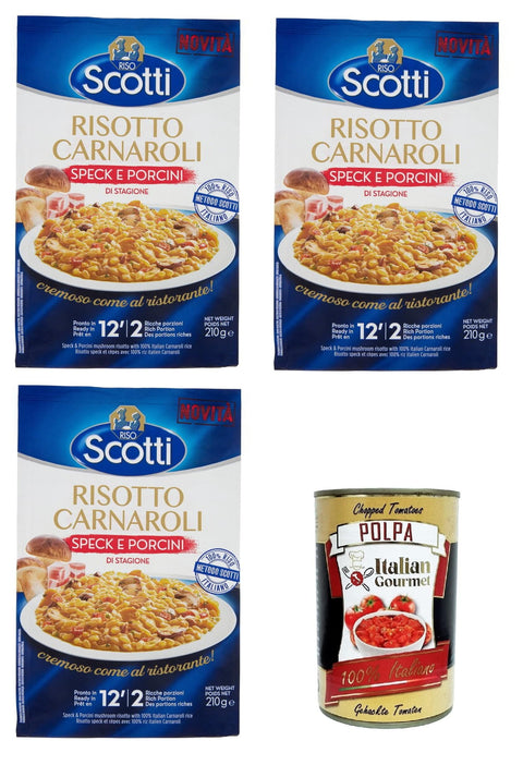 Scotti Reisgerichte Riso Scotti Risotto Carnaroli con Speck e Porcini di Stagione Rice Carnaroli Risotto mit Speck und saisonalen Steinpilzen 3x210gr + Italian Gourmet polpa 400g 8001860183270