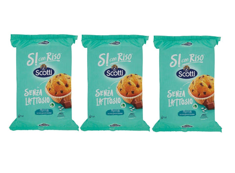Scotti Snack Kuchen & Backwaren 3x MHD 31/10/2025 Si con Riso - Muffin con Riso e Gocce di Cioccolato, Muffins mit Reis und Schokoladenchips, Kuchen Laktose -freie Süße Snacks, Palmöl ohne, 222g 8001860210044