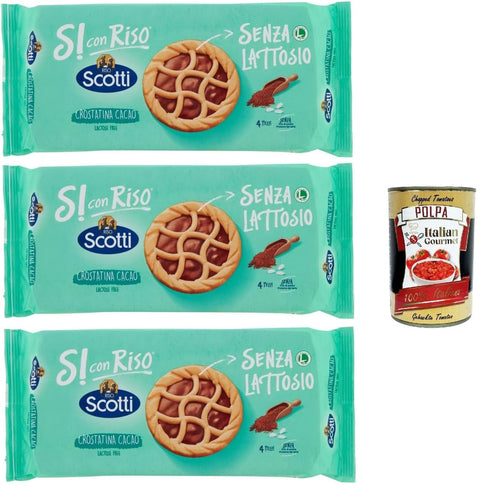 Scotti Snack Kuchen & Backwaren Riso Scotti Si con Riso, Crostatina Cacao, Kuchen Kekse mit laktosefreier Schokoladencreme, ideal zum Frühstück, ohne Palmöl, ohne Milchproteine, 3x 144 gr + Italian Gourmet polpa 400g 8001860185045