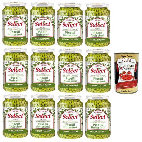 Select Hülsenfrüchte & Bohnen Select Piselli Finissimi Selezione dall'Italia Sehr feine Erbsenauswahl aus Italien 12x360gr Original italienisch inkl. Italian Gourmet Polpa 400g 8032804040014