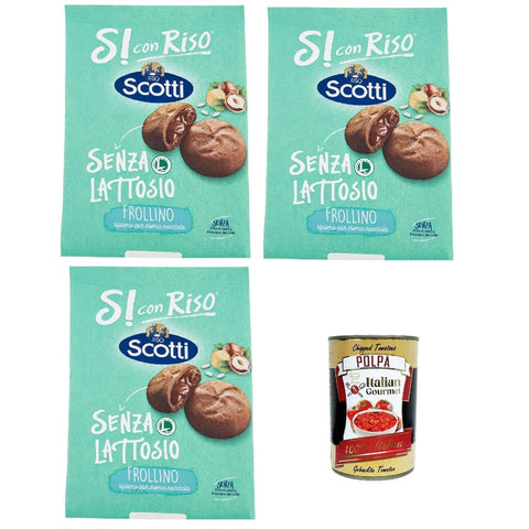 Si con Riso Snack Kuchen & Backwaren Si con Riso Frollino Ripieno alla Crema alla Nocciola - Kekse mit Haselnusscreme gefüllt, Laktose -freie und palmenfreie Kekse, Lactose -free biscuits 3x 200 g Original italienisch inkl. Italian Gourmet Polpa 400g 8001860199585