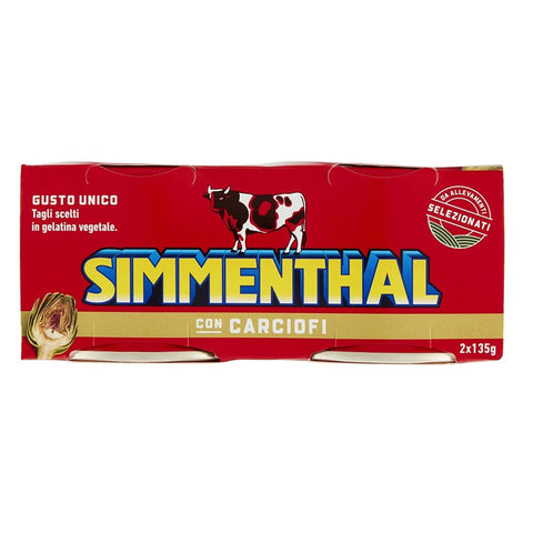 Simmenthal Fleisch, Geflügel & Wild Simmenthal con Carciofi Fertiggericht aus Rindfleisch in Gemüsegelee Dosenfleisch mit Artischocken ( 2 x 135 g ) italienisch Original 8004030921238