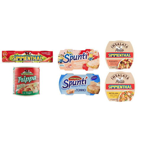 Simmenthal Testpaket Simmenthal Insalata di Pollo Ortolana e Piccante Trippa al sugo Kutteln Carne in scatola Spalmabile 6 Stück italienisch Original