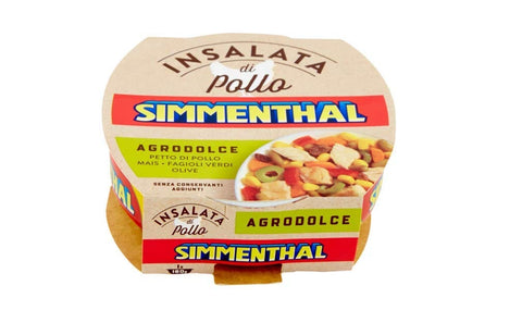 Simmenthal Insalata Di Pollo Agrodolce Süß saurer Hühnersalat Hühnerbrust mit Mais, grünen Bohnen und Oliven Frei von Konservierungsstoffen Fertiggericht 160 g italienisch Original
