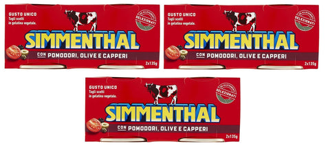 Simmenthal Pastasaucen 3x Simmenthal con Pomodori Olive e Capperi Fertiggericht aus Rindfleisch in Gemüsegelee Dosenfleisch mit Tomaten, Oliven und Kapern (2 x 135g) 8004030921283
