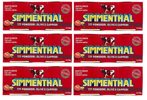 Simmenthal Pastasaucen 6x Simmenthal con Pomodori Olive e Capperi Fertiggericht aus Rindfleisch in Gemüsegelee Dosenfleisch mit Tomaten, Oliven und Kapern (2 x 135g) 8004030921283