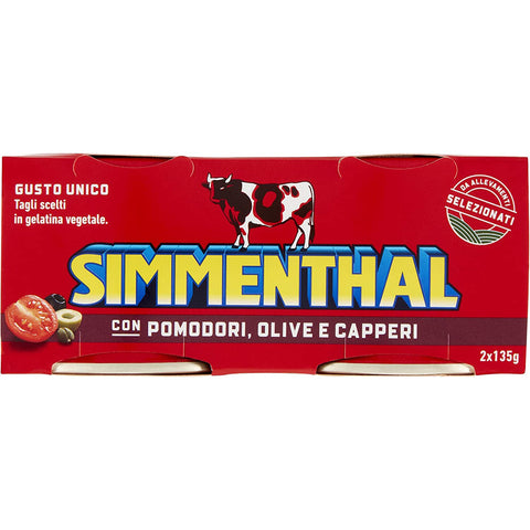 Simmenthal con Pomodori Olive e Capperi Fertiggericht aus Rindfleisch in Gemüsegelee Dosenfleisch mit Tomaten 2x135g Original italienisch Sauce
