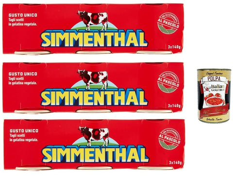 Simmenthal Rind SIMMENTHAL carne in scatola, Rindfleisch in Aspik 3x (3x 140g) 100% Italienisch Fleisch Aspikfleisch + Italian Gourmet polpa 400g 8001070000053