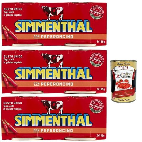 Simmenthal Rind Simmenthal con Peperoncino Fertiggericht aus Rindfleisch in Gemüsegelee Dosenfleisch mit Chili 3x (2 x 135g) Original italienisch inkl. Italian Gourmet Polpa 400g 8032804040014