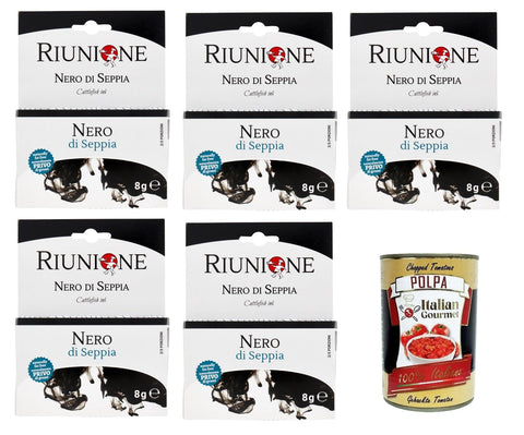 Smeralda Koch- & Backzutaten RIUNIONE- Nero di Seppia Tintenfisch-Tinte 5x 8g (2x4g)+ Italian Gourmet polpa 400g 8022813000116