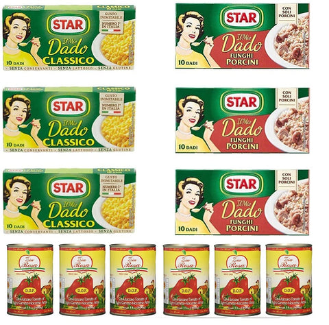 Star Brühe & Fond 3x Star classico dado brodo Suppenwürfel Brühe klassisch 10 pz + 3x Star dado funghi porcini Steinpilze + Zia Rosa DOP Pomodoro San Marzano Tomate aus Kampanien Dose von 400g 6x 400g 8000050009307