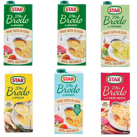 Star Brühe Star brodo Testpaket Manzo Pollo Carne mista Vegetale Brühe Flüssigkeit Rindfleisch an Geschmack Fertiggerichte 6x 1Lt 8000050022436