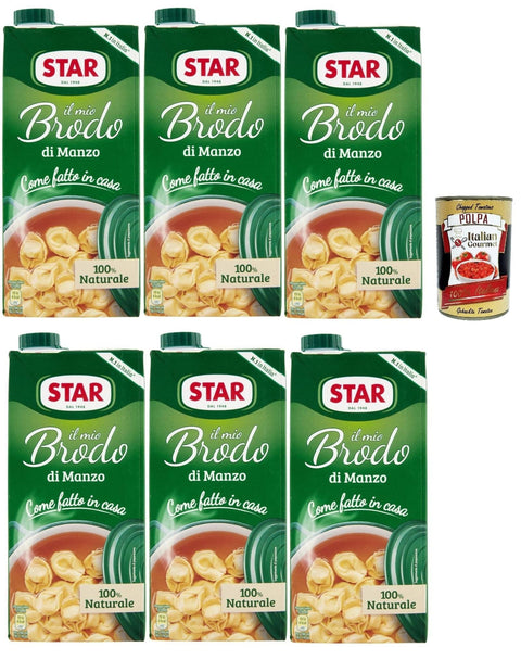 Star Brühe STAR Il Mio Brodo Manzo, 6x 1L, Bereit -hergestellte flüssige Brühe, 100% natürlich, ohne Konservierungsstoffe, Gluten -freie und hinzugefügte glutamatfreie + Italian Gourmet polpa 400g 8000050027813