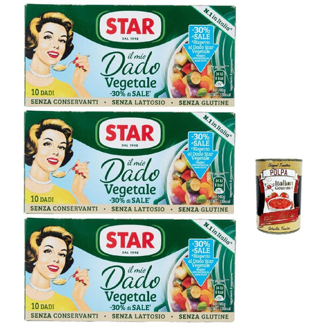 Star Brühe Star il mio Dado Vegetale -30% di Sale 10 Dadi, Suppenwürfel Brühe mit 9 Gemüsesorte reich an Geschmack mit -30% salz, 3x 100 g Original italienisch inkl. Italian Gourmet Polpa 400g 8032804040014