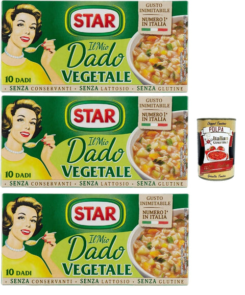 Star Brühe STAR il Mio Dado Vegetale, Mit 9 Gemüse, 10 Würfel, 3x 100 g, ohne Konservierungsstoffe, laktose -freier und glutenfrei. Ausgezeichneter Geschmack+ Italian Gourmet polpa 400g 8000050009604