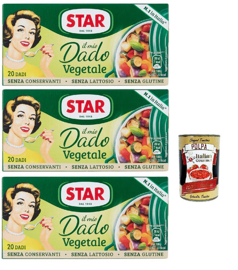 Star Brühe STAR il Mio Dado Vegetale, Mit 9 Gemüse, 20 Würfel, 3x 200 g, ohne Konservierungsstoffe, laktose -freier und glutenfrei. Ausgezeichneter Geschmack+ Italian Gourmet polpa 400g 8000050009802