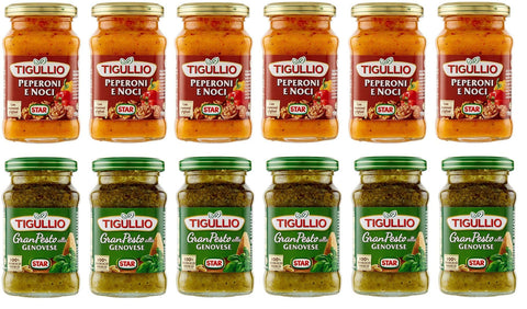 Star Testpaket Tigullio Pesto alla Genovese mit basilikum Pesto Peperoni e Noci mit Pfeffer und Walnüssen Sauce Soße 12x190g Original italienisch